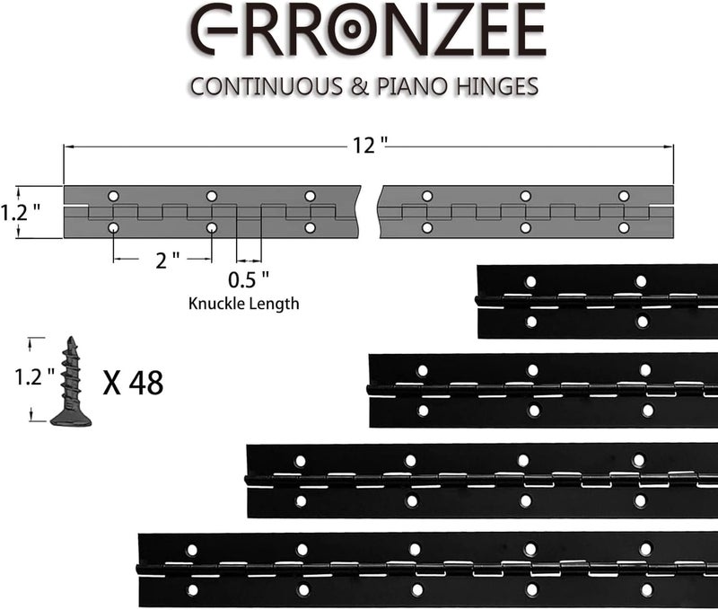 GRRONZEE 4PCS Black Piano Hinge 12 Inch Heavy Duty Stainless Steel Continuous Hinges with Mounting Screws for Boat Cabinets Storage Box, 0.04" Leaf Thickness 1.2" Open Width - Image 2